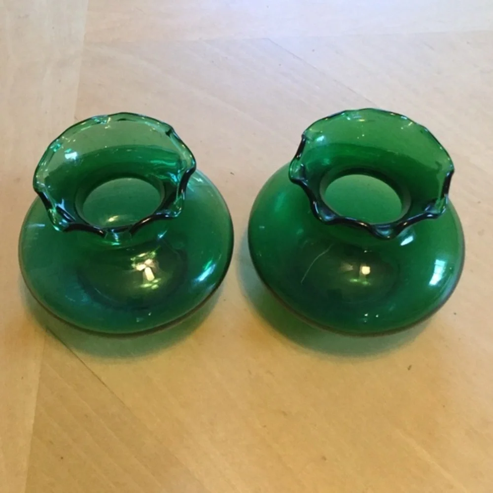 Vintage Green Glass Vases Ruffled Top Set of 2